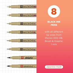 Pigma Micron, Graphic & Brush Fineline Pens, Archival Black Ink, 8 PK 30067