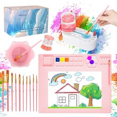 Painting Station Silicone Mat 20×16 Inch Brush Cleaner Bowl 10 Brushes Pink