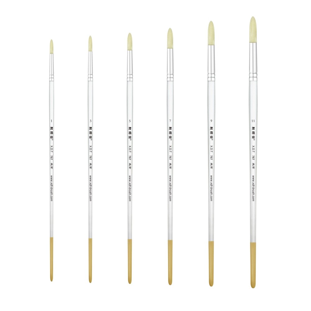XDT#767-1 Round Tip Art Brush 6Pc #1#3#5#7#9#11 Hog Acrylic Oil Watercolor