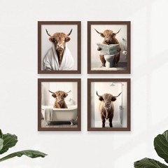 heilkee Funny Highland Cow Bathroom Decor Animal 8×10 Walnut Framed Brown