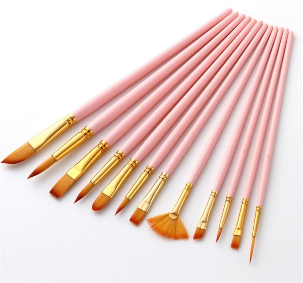 12 Nylon Pink Or Blue Oil Watercolour Water Gouache Acrylic Painting Brushes Set