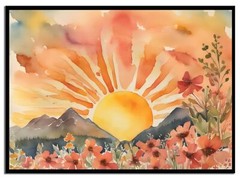 Boho Sun Wall Art Watercolor Wildflower Sunset Canva Painting Bohemian in The…