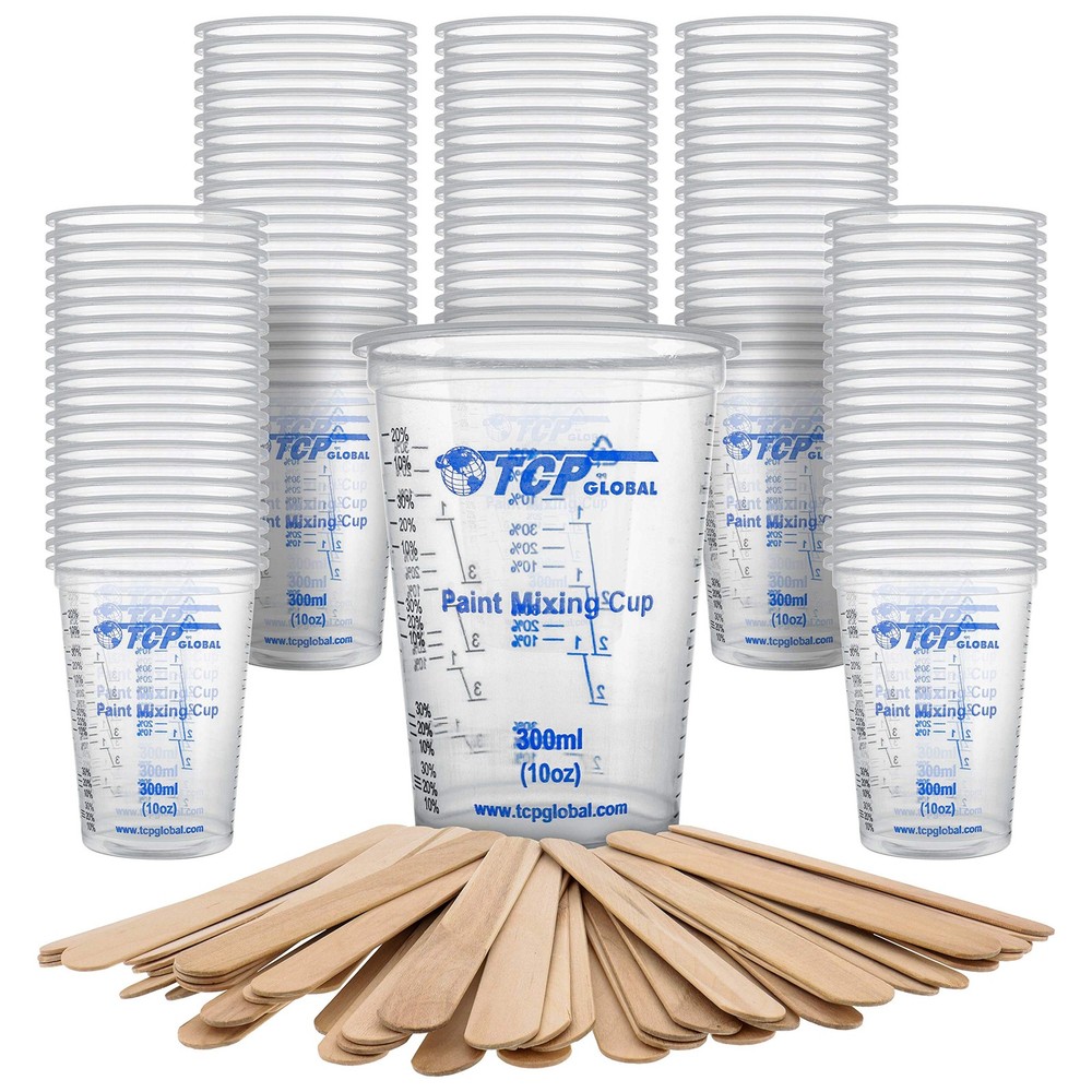10 oz. (300ml) Graduated Plastic Mixing Cups – Box of 100 with 50 Mixing Stic…