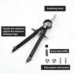 Compass for Geometry, Metal Compass with Extra Refills Compass Black 1pc