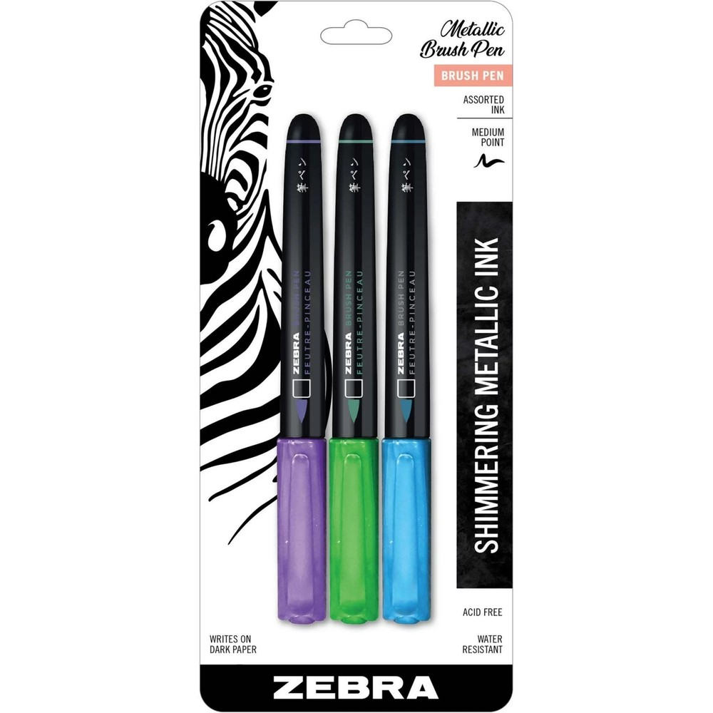 New Zebra Pen Metallic Brush Pen, Medium Point, Pigment Ink, Assorted Colors, Ze
