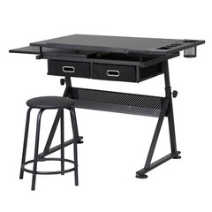 Drafting Desk Drawing Table 9 Levels Adjustable angle w/ Stool Arts Crafts Black