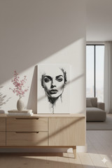 Modern Woman Portrait Art Print Black Ink Sketch Poster Abstract Wall Decor Art