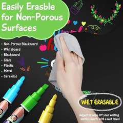 Liquid Erasable Chalk Markers Pens – 12 Colors Washable & Wet Erase Neon Makers