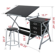 Drafting Table Adjustable Drawing Table Artist Craft Desk w/2 Drawers and Stool