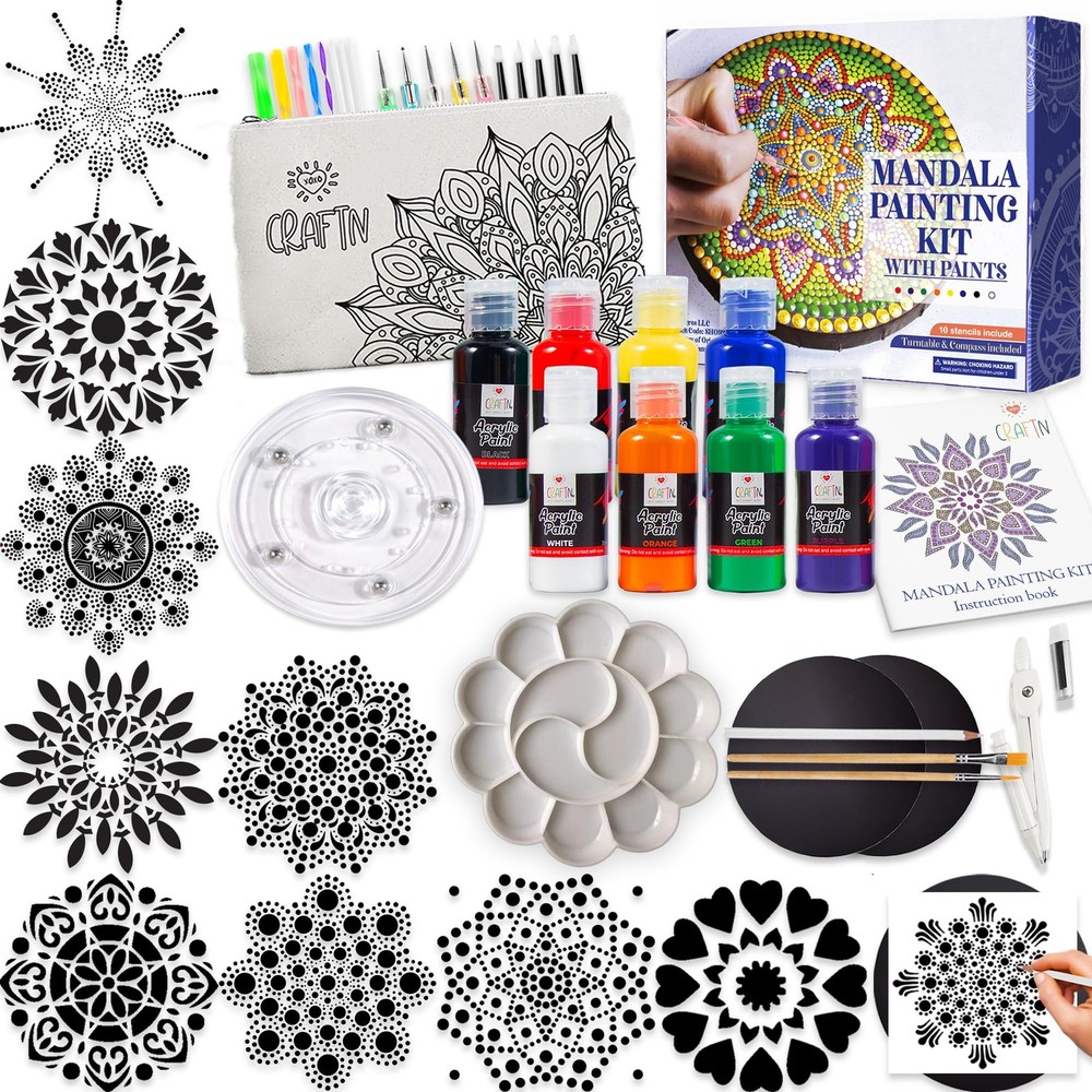 Complete Beginner’s Mandala Painting 46 Piece Kit with Acrylic Paints, Reusab…