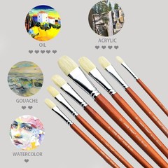 Professional Hog Bristle Filbert Oil Paint Brushes Set, 7pcs Long Wooden Handle