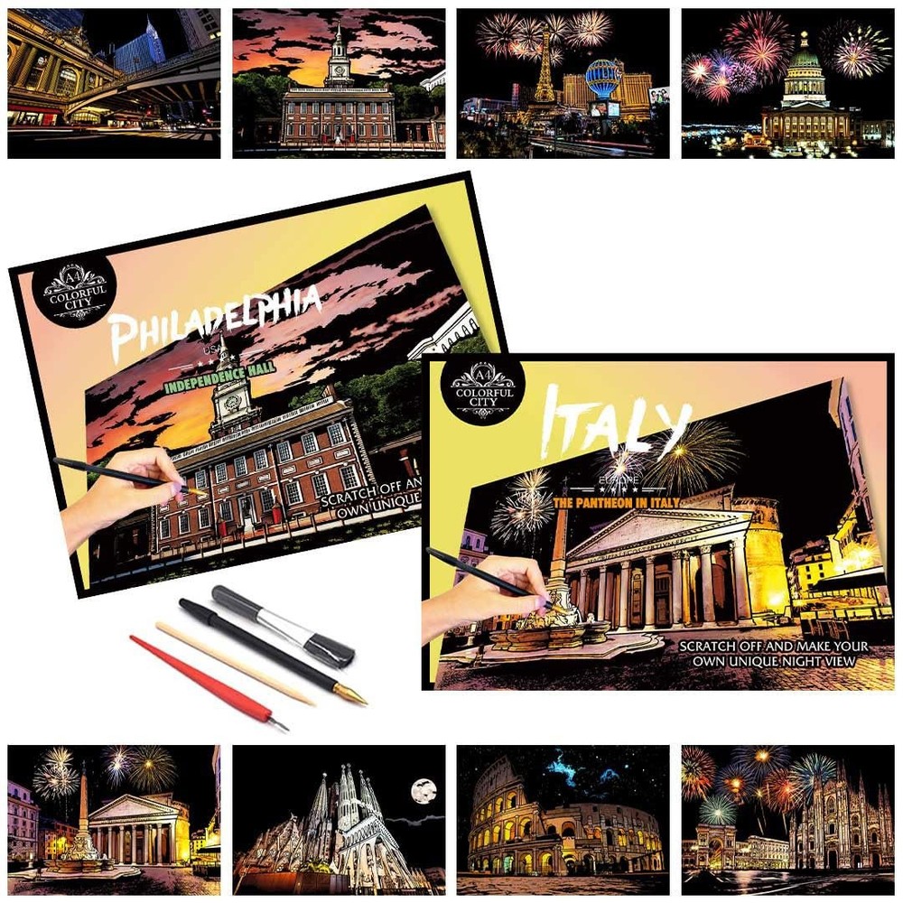 8 Sheets Scratch Art For Adults A4 Philadelphia/Italy Painting Papers Decor