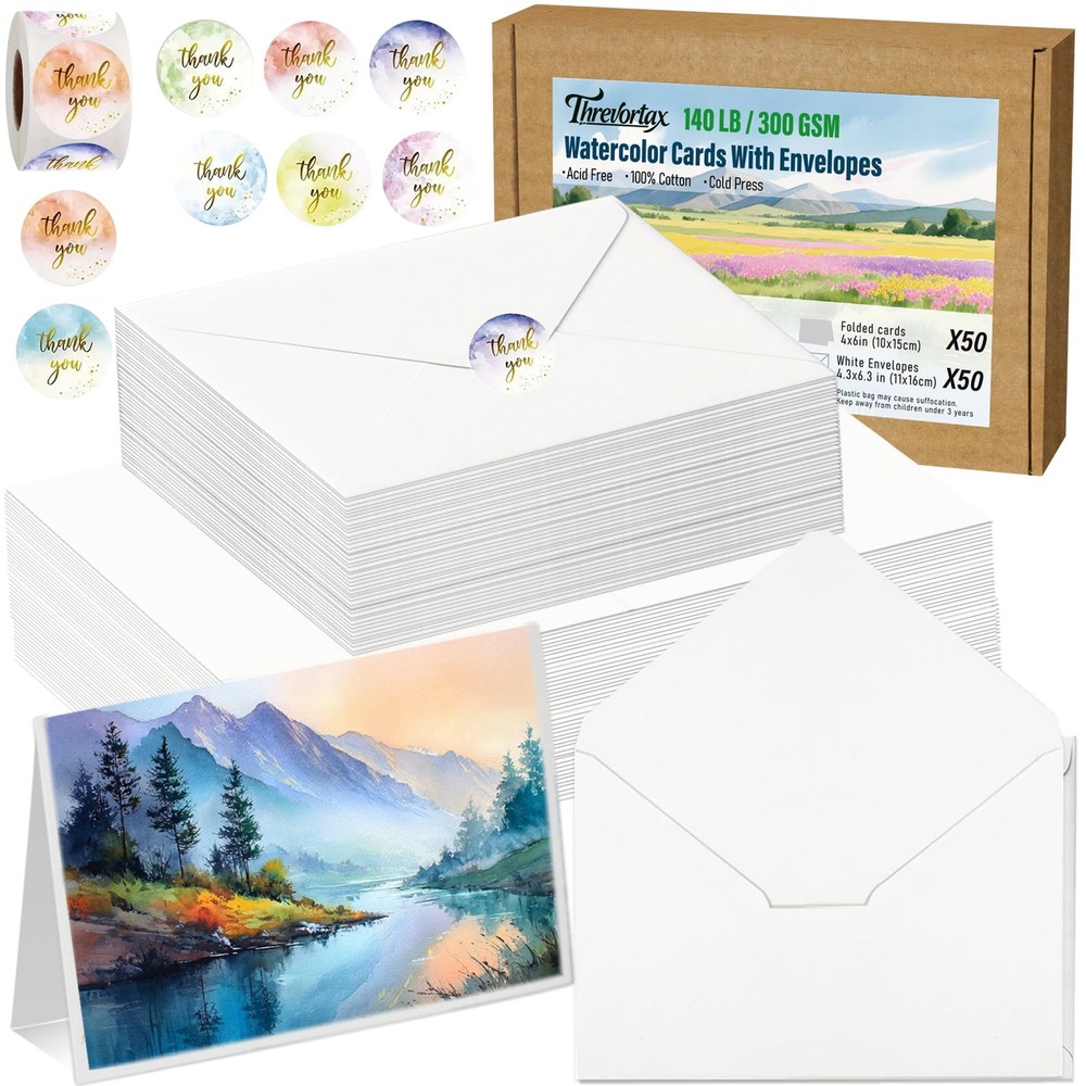 50 Pack Blank Cards with Envelopes 4 x 6 Inch 140lb/300GSM 100% Cotton Heavyw…