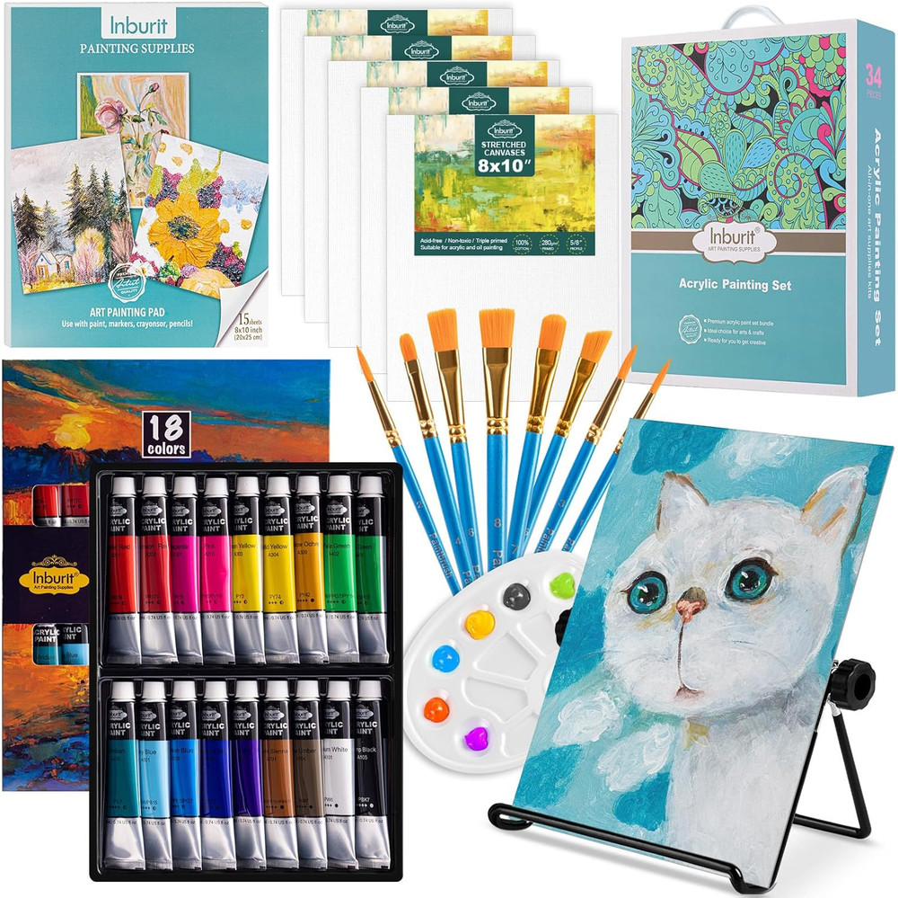 Inburit Art Paint Set for Kids, Painting Supplies Kit with 5 Canvas Panels, 8 Br