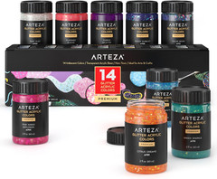 Glitter Acrylic Paint, 14 Iridescent Colors, 2 Fl Oz Bottles, Transparent Base,