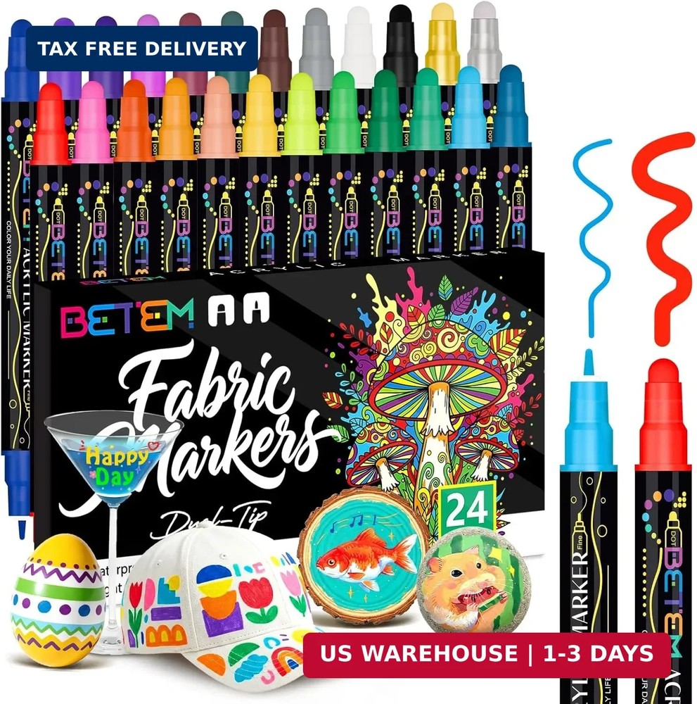 Betem 24 Colors Dual Tip Acrylic Paint Markers, Fabric Decorating Kits Premium W