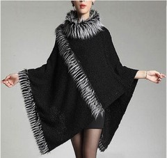 Poncho – Knitted Turtle Neck with Faux Fur Trim SF-RUM27BK