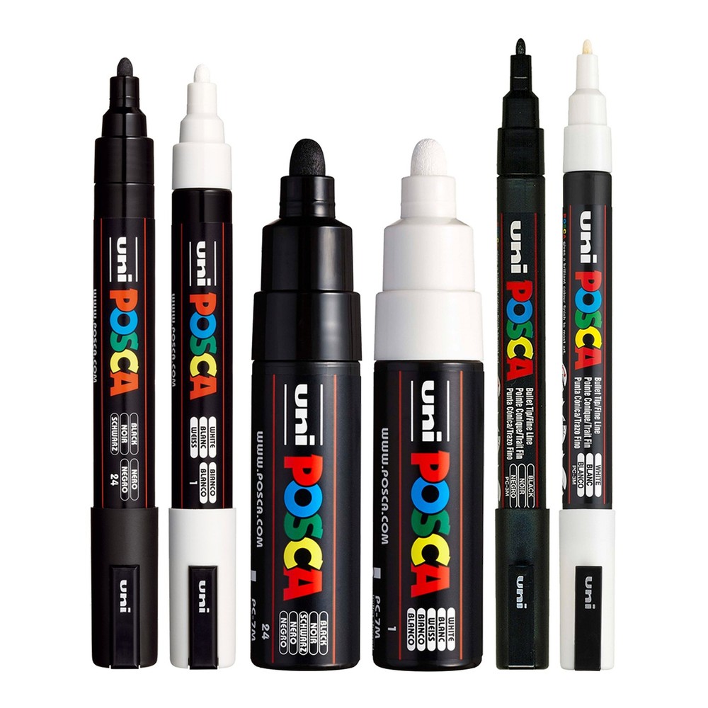Black White Bullet Tip Pens 6 Set PC-5M PC-7M PC-3M for Drawing Art Craft