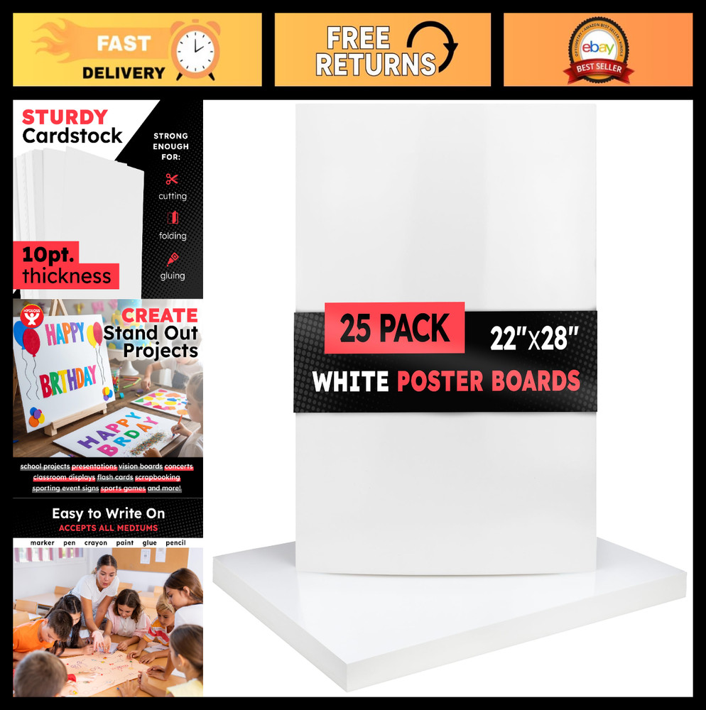 Large White Poster Board 22×28 – 25 Pack, 10 Pt Thickness for Crafts, Projects,