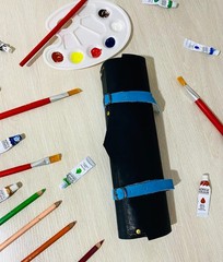 Art Paint Bag Tools Roll, Blue Black Leather Artist Craft Brush Pencil Supply