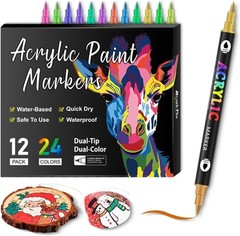 12 Pieces 24 Colors Acrylic Paint Marker Pen Set Dual Tip Brush DIY Art Projects
