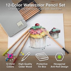 12 Color Watercolor Pencils Art Supplies Hexagonal Handles Aluminum Box