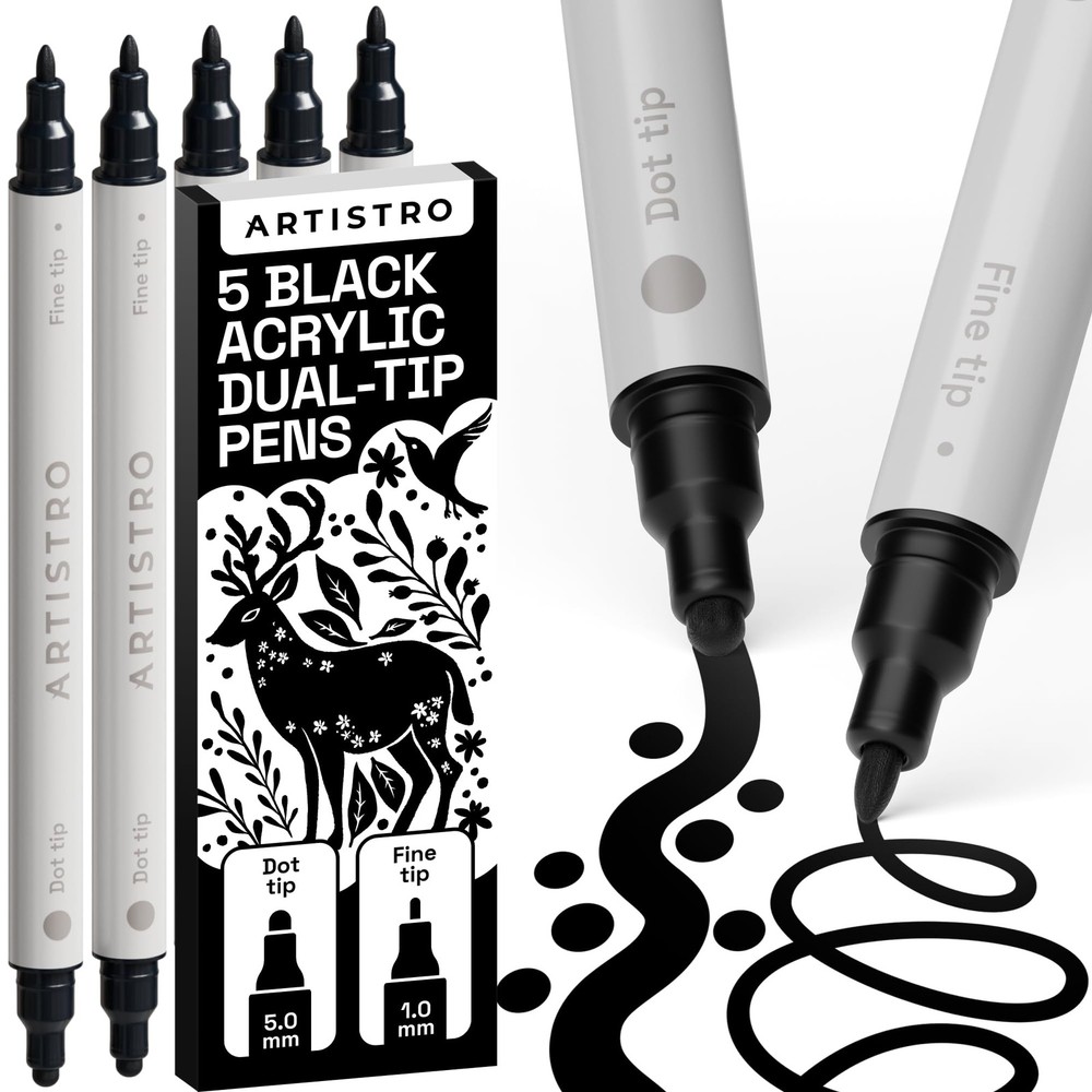 Acrylic Paint Pens Black Dual Tip 5mm Dot 1mm Fine Markers 5 PCS