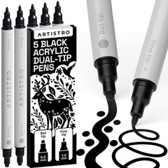Acrylic Paint Pens Black Dual Tip 5mm Dot 1mm Fine Markers 5 PCS