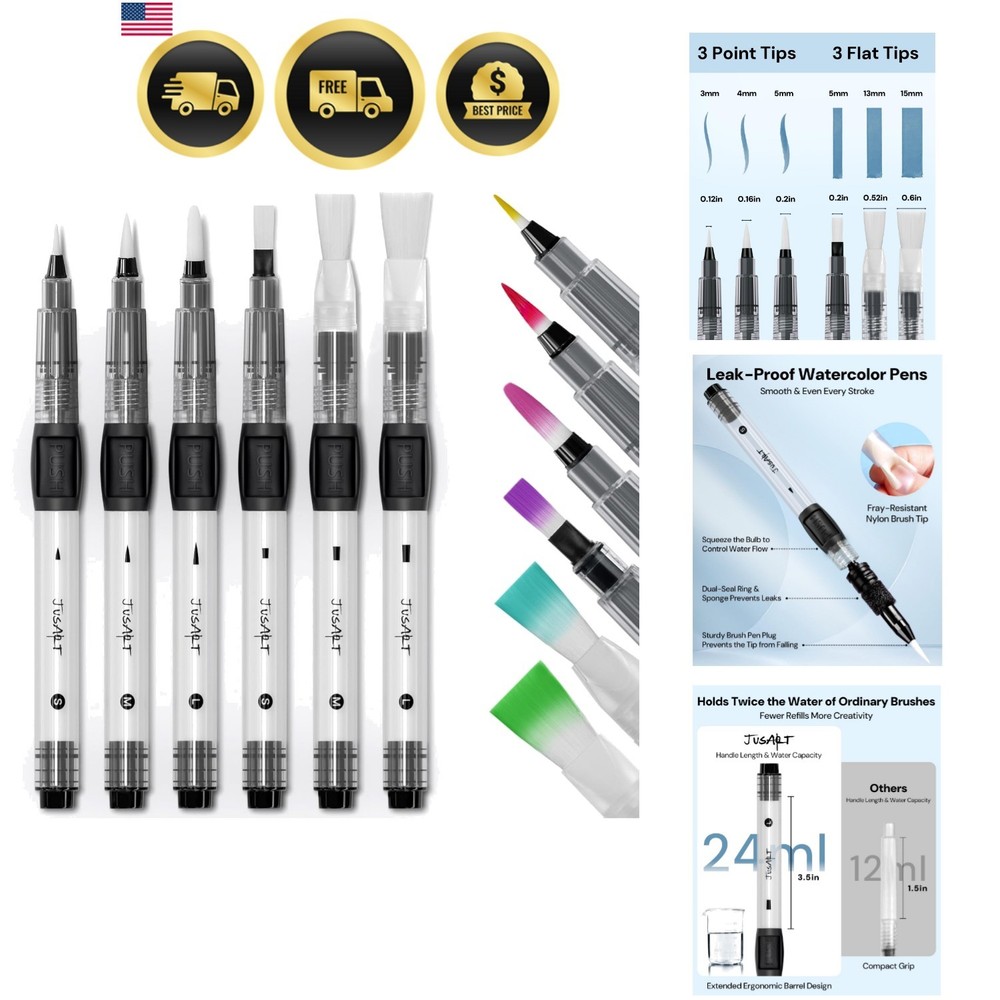 Water Brush Pens 6-Pack Leak-Proof Refillable Watercolor Pens for Acrylic and…