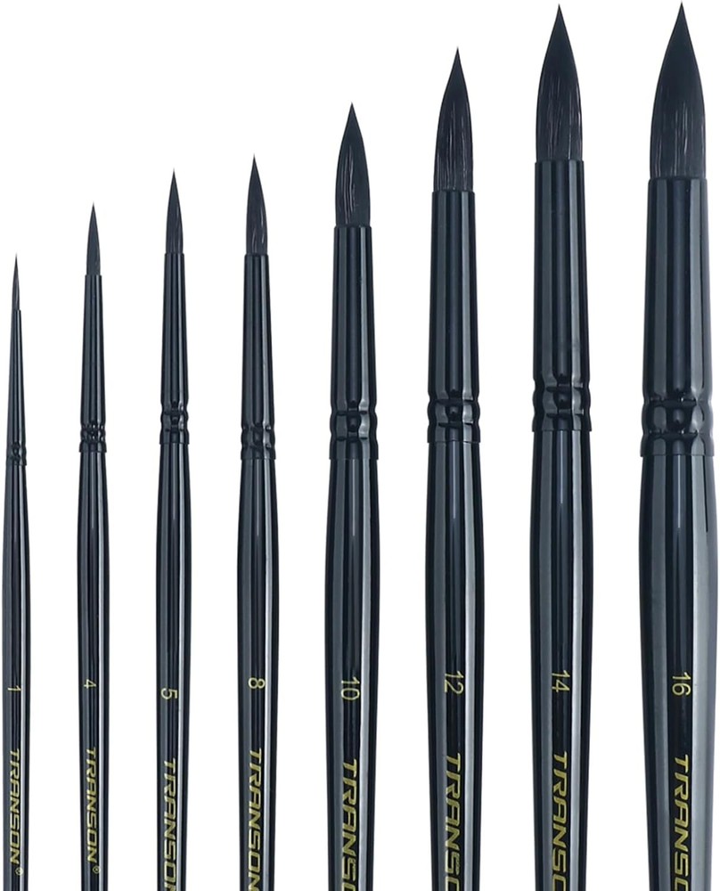 Transon 8pcs Round Watercolor Paint Brush Set Goat Hair for Large, Black