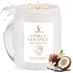 Vanilla Coconut Large Scented Candle, 3-Wick 22oz Long 22oz, Light Gray