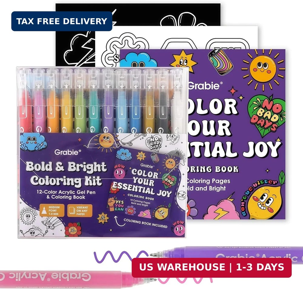 Grabie Coloring Kit, Acrylic Gel Pens Set with Coloring Book, 1.0mm Medium Tip O