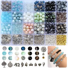 Bracelet Making Kit 414pcs 8mm Crackle Glass Beads Black Blue Charms Rujiaoa