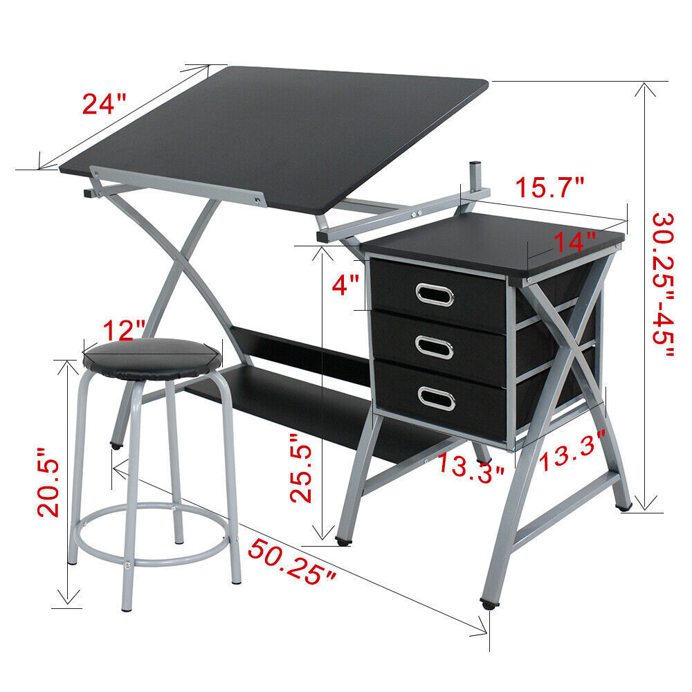 Drafting Table Art & Craft Drawing Table Adjustable Angle Table Top with Stool