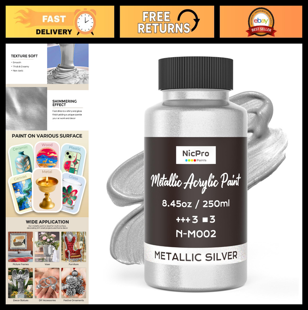 Metallic Silver Acrylic Paint 8.45oz – Non-Toxic, Fade-Resistant Art Supplies fo