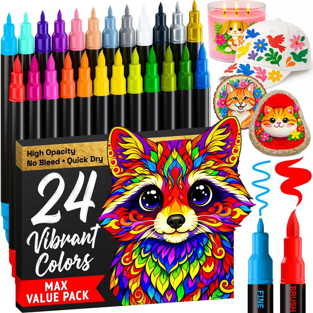24 Acrylic Paint Markers – Paint Pens for Drawing – For Fabric, Rock, Glass, …