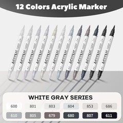 White Gray Acrylic Paint Pens, Water Based 12 Colors Dual Tip White Gray Series