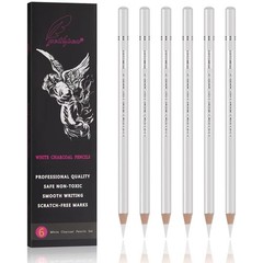 GETHPEN Professional White Charcoal Pencils Set – 6 Pieces Sketch Highlight Whit