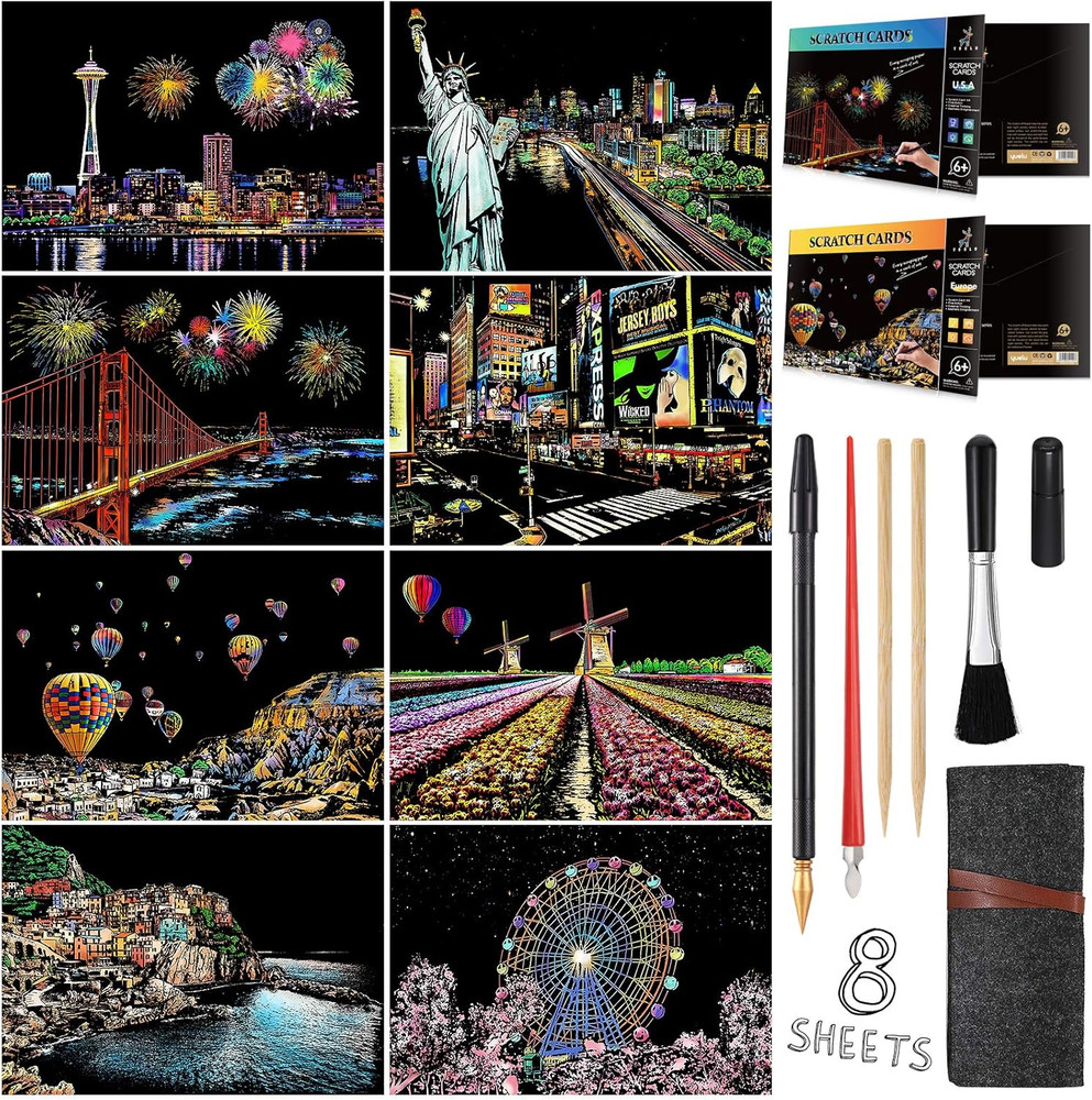 Scratch Painting Kits for Adults & Kids, Rainbow Painting Night View Scratchboar