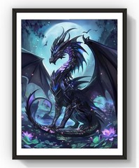 Dragon Full Moon Purple Flowers 5D Square Diamond Drill Dot Art Gem Kit 12 x 16″