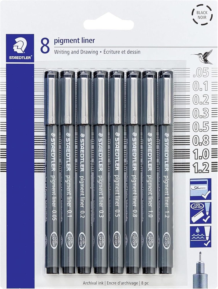 STAEDTLER Pigment Liner Pack, Black, 8 Pens, Assorted Line Widths, Black