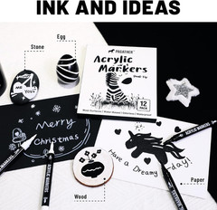 Black and White Acrylic Paint Markers, 12 Pack Dual Tip with Fine Tip and Brush