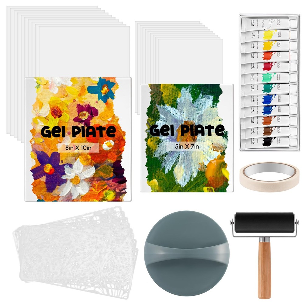 Gel Printing Plate Kit 2 Pack 8×10 5×7 Inch Gelatin Brayer Printmaking Tools