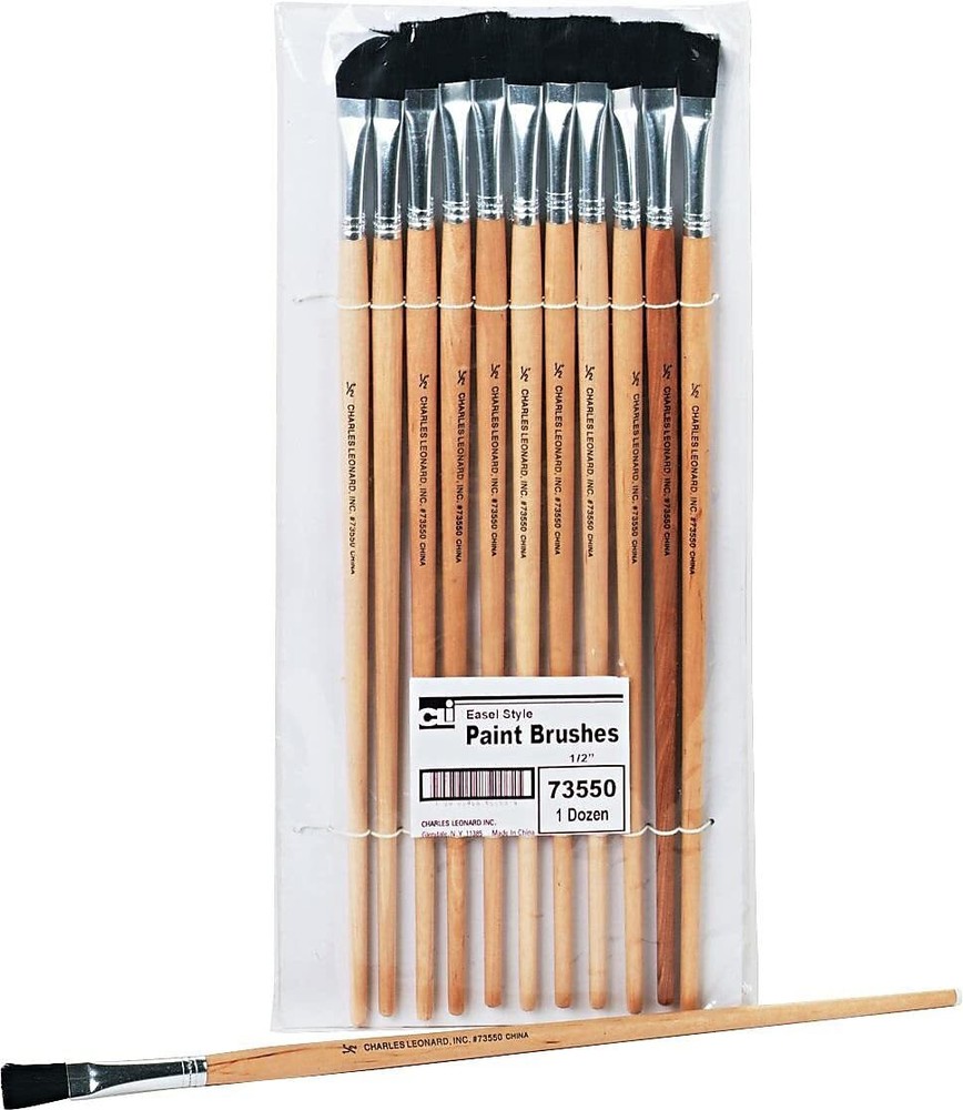 Flat Tip Easel Paint Brushes 0.50 Inch Long Handle Natural Black Bristles 12