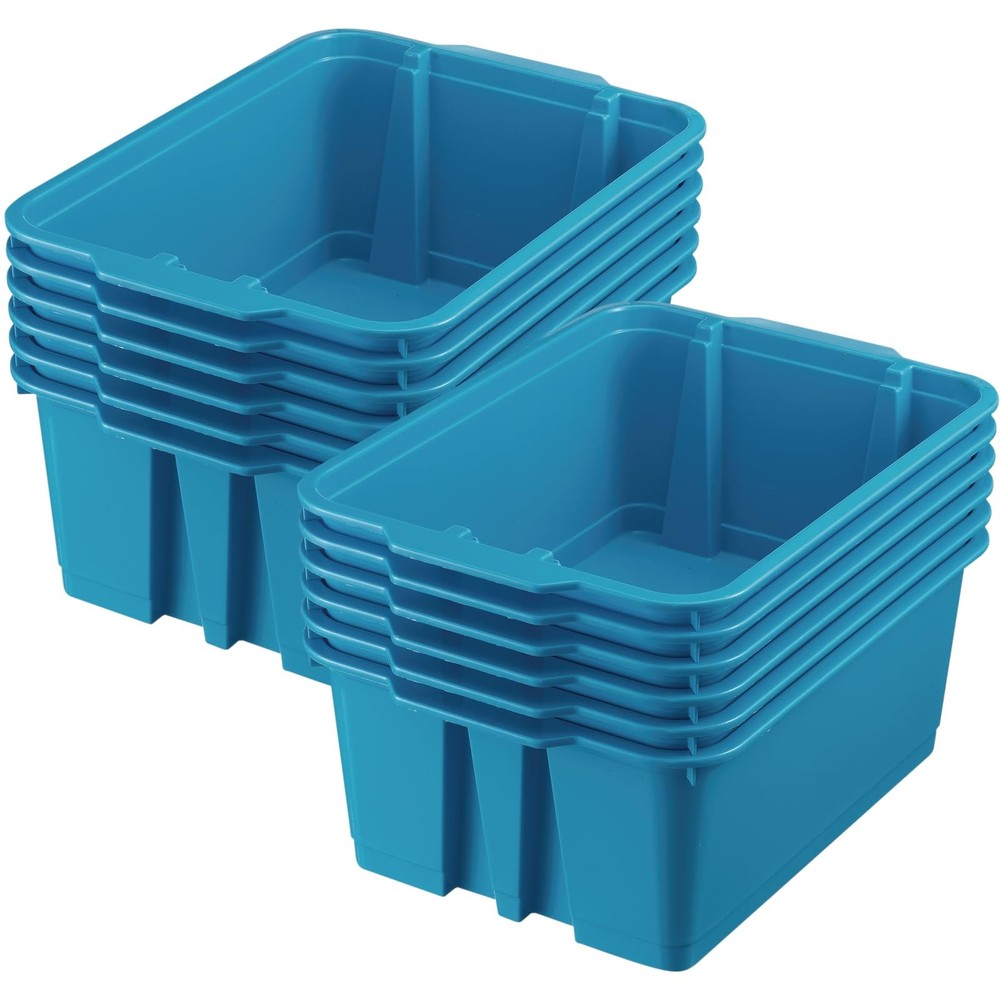 Stacking Bins, 14″ x 10″ x 5 ¾” – 12 Pack, Neon Blue | Stackable Storage Plas…