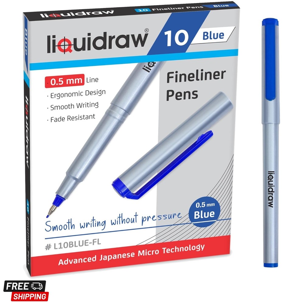 Blue Fineliner Pens – Set of 10 | Fine Point 0.5 mm Tip | Storage Wallet | Co…