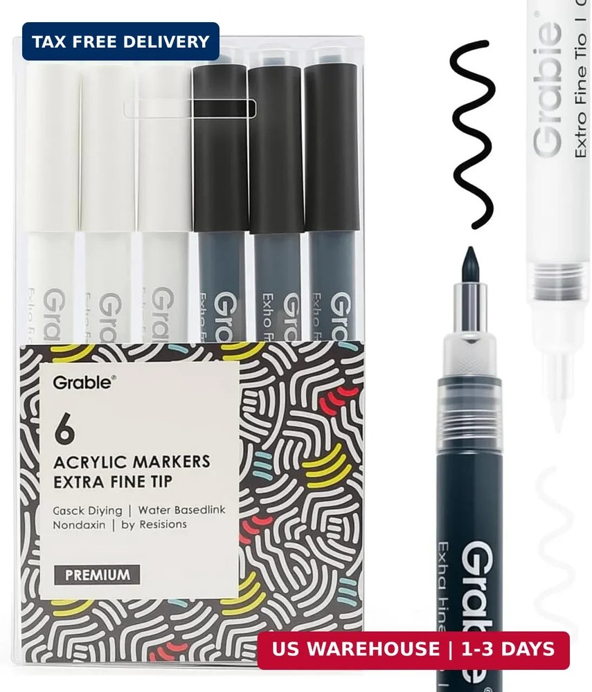 Grabie Black & White Extra Fine Tip Acrylic Paint Marker Set, 6 Pack, 0.7mm Acry