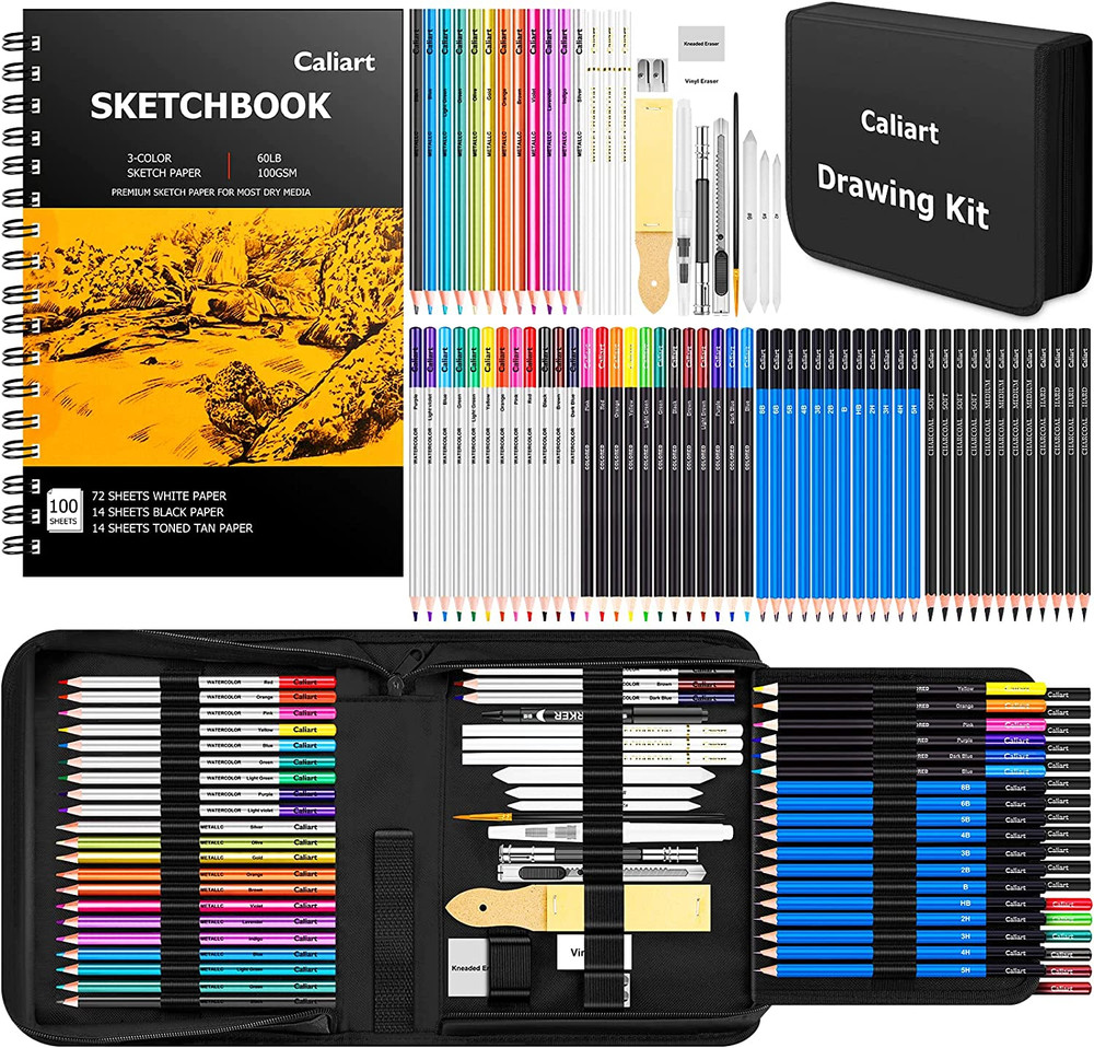 Kit de dibujo de 176 piezas con 100 hojas y cuaderno de 3 colores