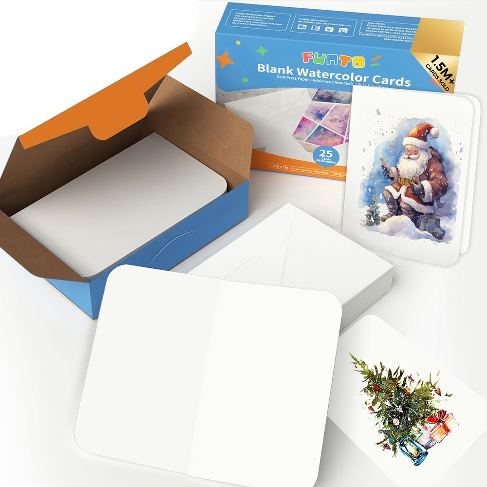 Funto Blank Watercolor Cards and Envelopes, 50 Cards, 5×7, 140lb/300gsm, Whit…