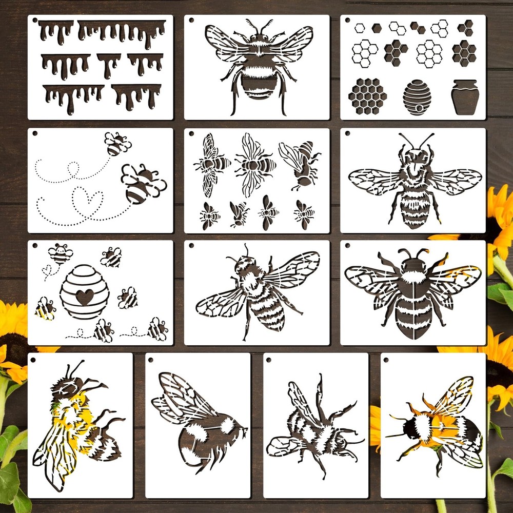 13Pcs Bee Stencil, Reusable Stencils for 14.2 × 10.5cm/5.6 × 4.1inch, white